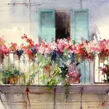 Балкон с цветами акварель