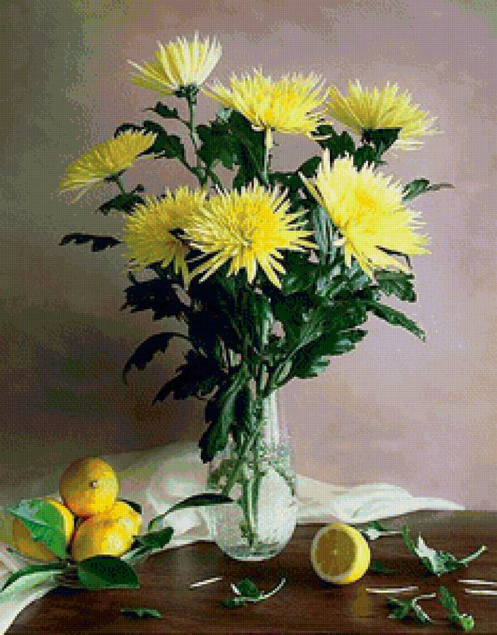 хризантемы и лимон) - цветы, хризантема, натюрморт - предпросмотр