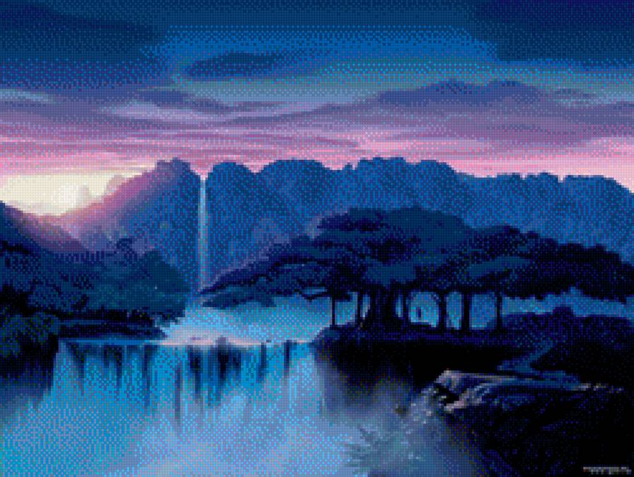 В синих мечтах - дерево, горы, пейзаж, водопад, синие тона - предпросмотр