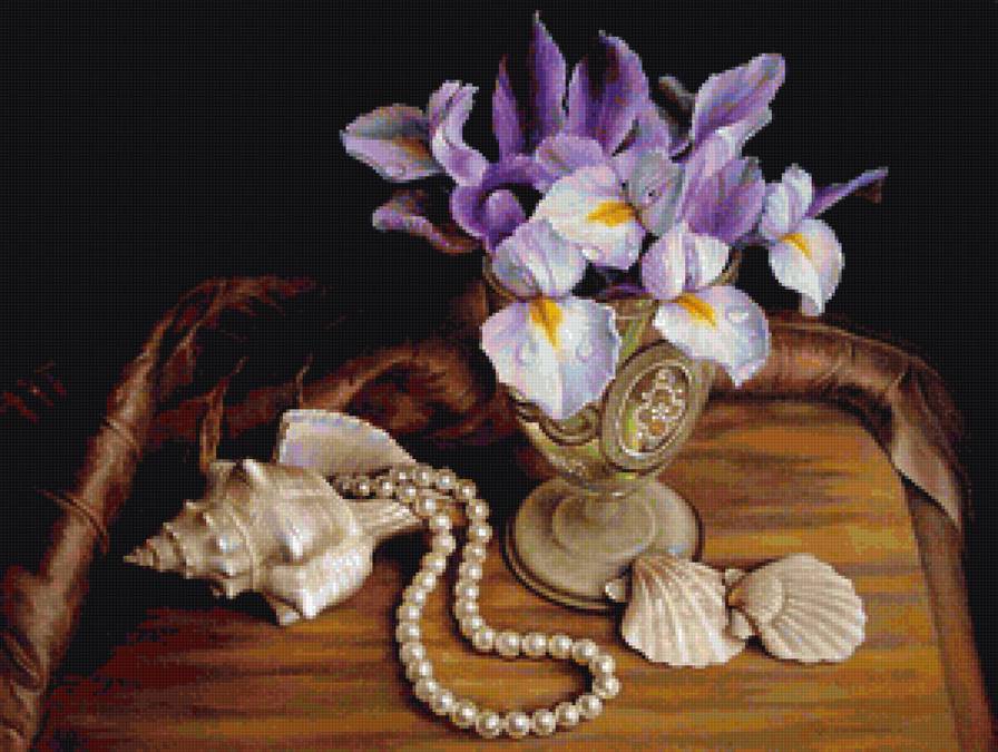 натюрморт - цветы, натюрморт, жемчуг, ирисы - предпросмотр