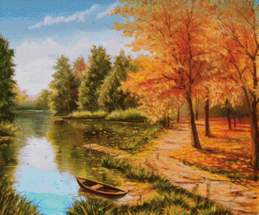 Осень - листопад, лодка, вода, пруд - предпросмотр