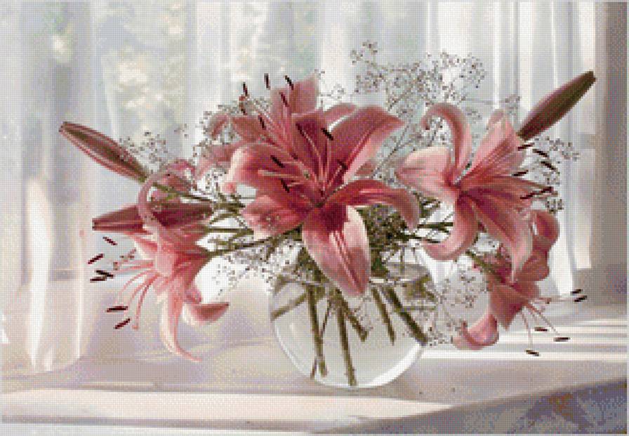 лилии - цветы, ваза, лилии, букет, окно - предпросмотр