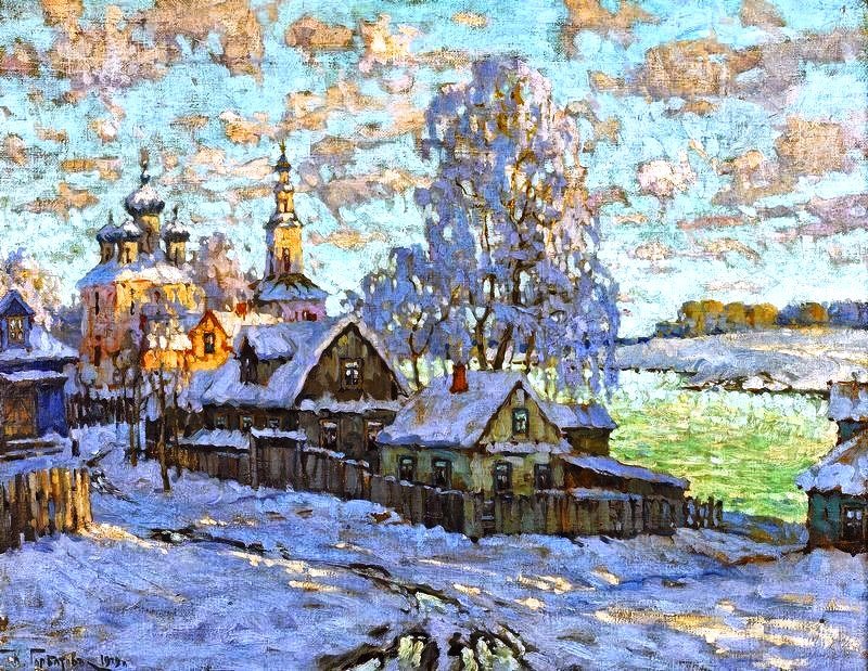 Горбатов К. И. - облака, поля, зима, деревья, церковь, солнце, пейзаж, снег - оригинал