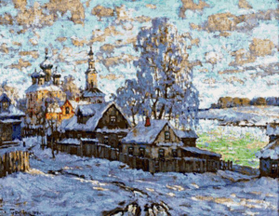 Горбатов К. И. - снег, деревья, зима, солнце, пейзаж, церковь, облака, поля - предпросмотр