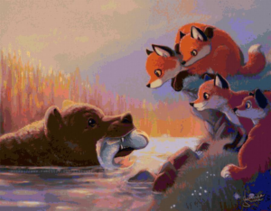 Друзья - лиса, охота, медведь, детская, лисята - предпросмотр