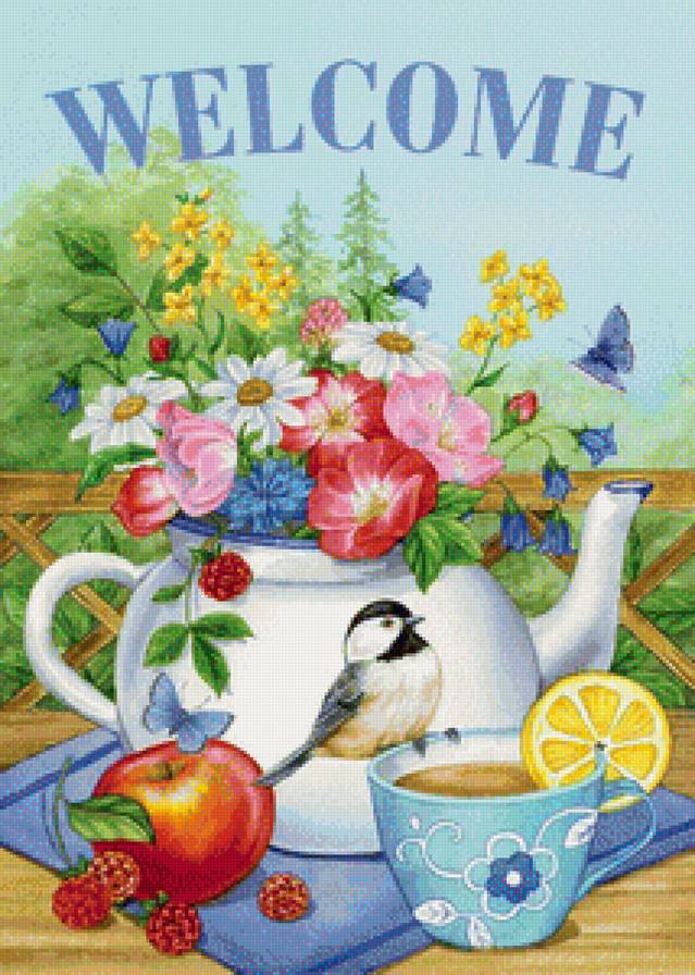 Welcom - натюрморт, цветы, птицы - предпросмотр