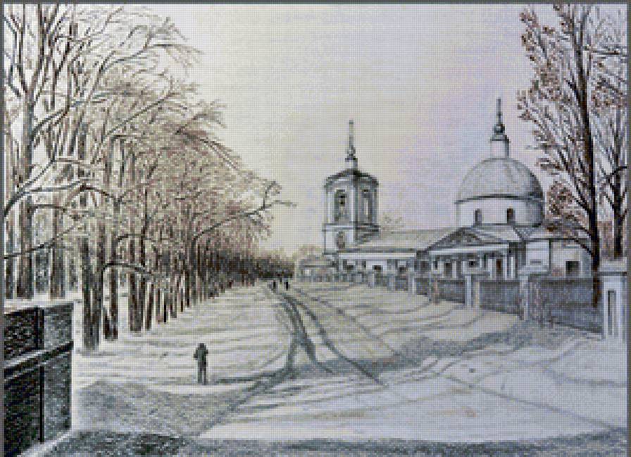 Пейзаж - деревья, заснеженная улица, храм, церковь - предпросмотр