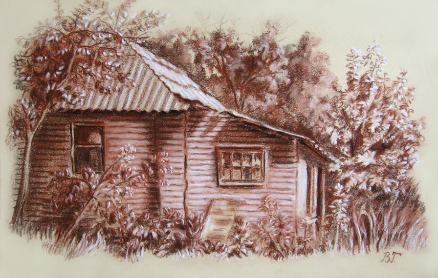 Деревенский домик - деревья, дом, сад - оригинал