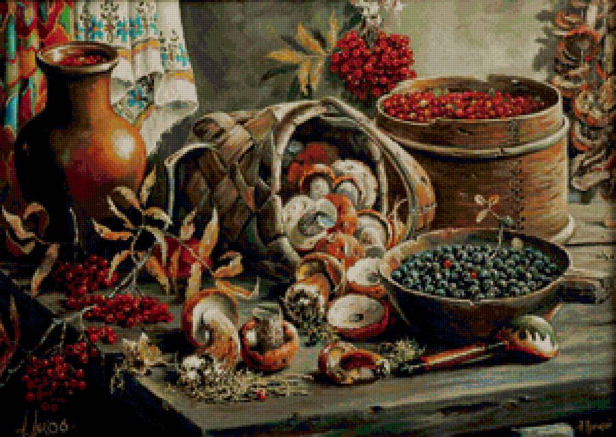 Дары природы - ягоды, натюрморт, грибы, рябина - предпросмотр