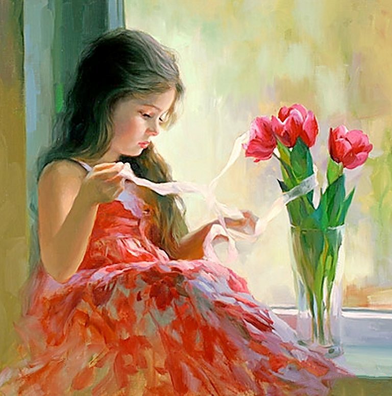 Девочка у окна - цветы, дети, девочка - оригинал