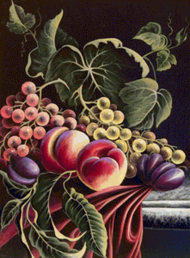 Натюрморт - слива, виноград, на кухню, персик, фрукты - предпросмотр