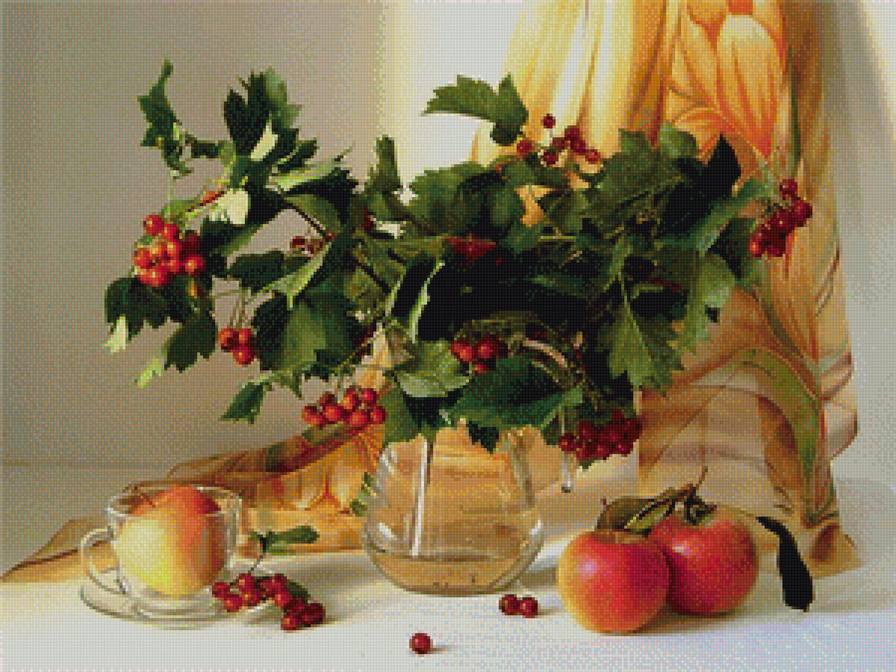 Осенний натюрморт - яблоки, натюрморт, ягоды, букет, для кухни, осенний букет - предпросмотр