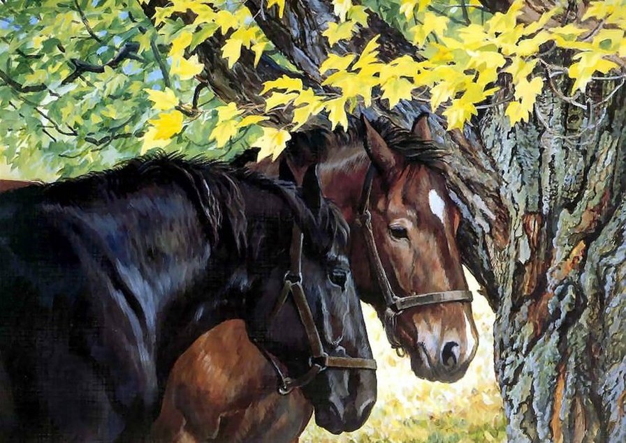 Сладкая парочка - кони, деревня, лошади, природа, осень, сладкая парочка - оригинал