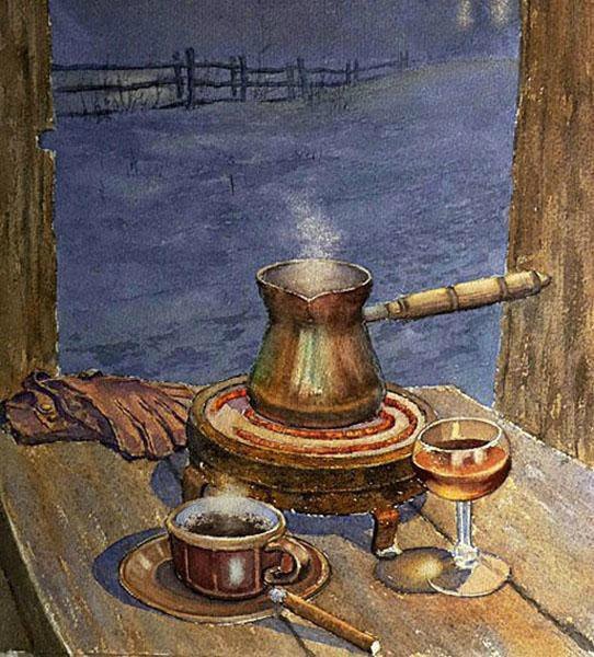 Натюрморт с кофе - зима. окно, перчатки, турка. кофе и коньяк - оригинал