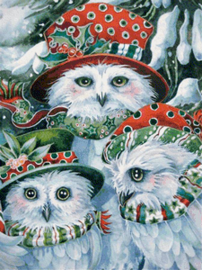 Новогоднее трио - снег, новый год, птицы, совы - предпросмотр