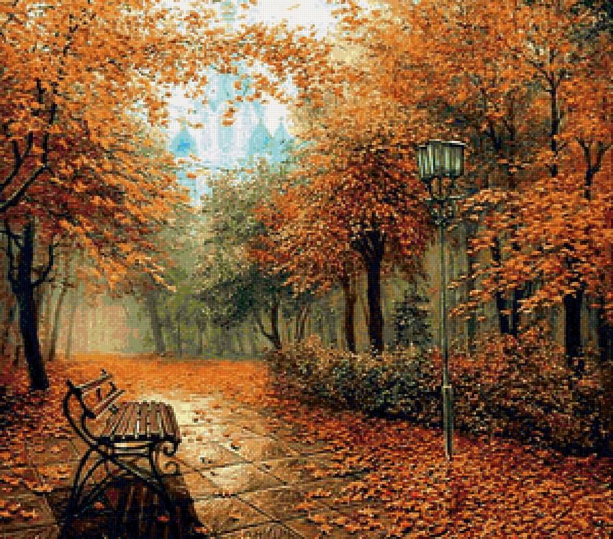 Осенний парк - парк, скамейка, дорожки - предпросмотр