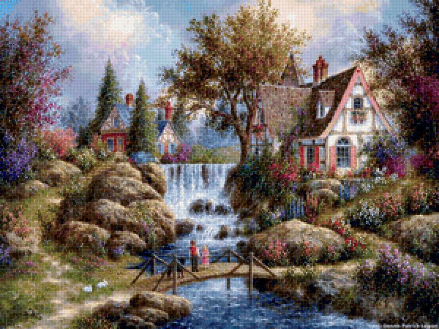 Домики у водопада - дом, река, природа - предпросмотр