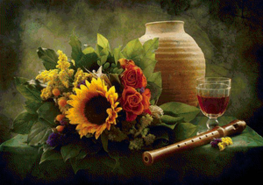 Натюрморт с подсолнухом - бокал, подсолнух, амфора, свирель, букет - предпросмотр