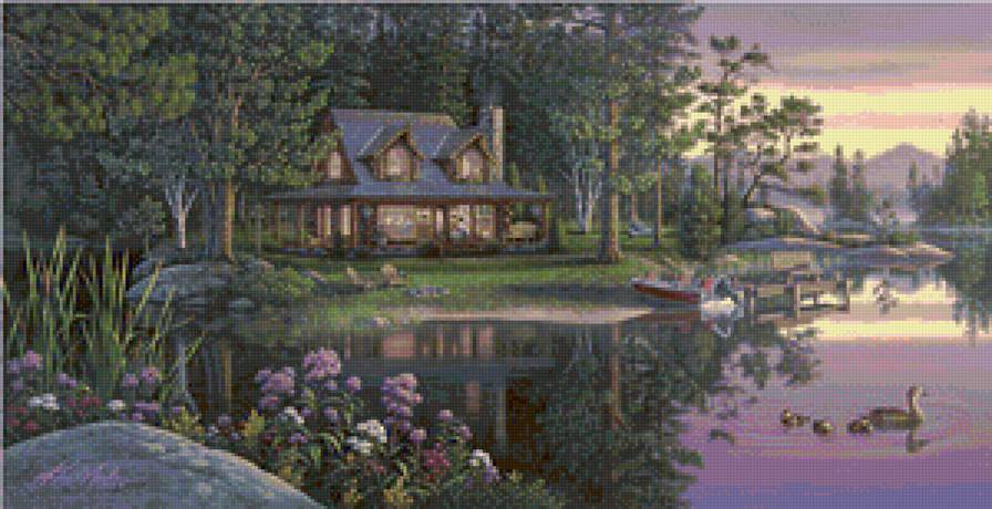 Домик у реки - дом, река, природа, закат - предпросмотр