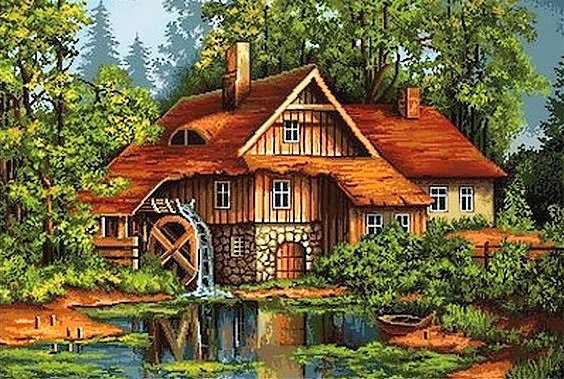 Водянная мельница в лесу - река, дом, природа - оригинал