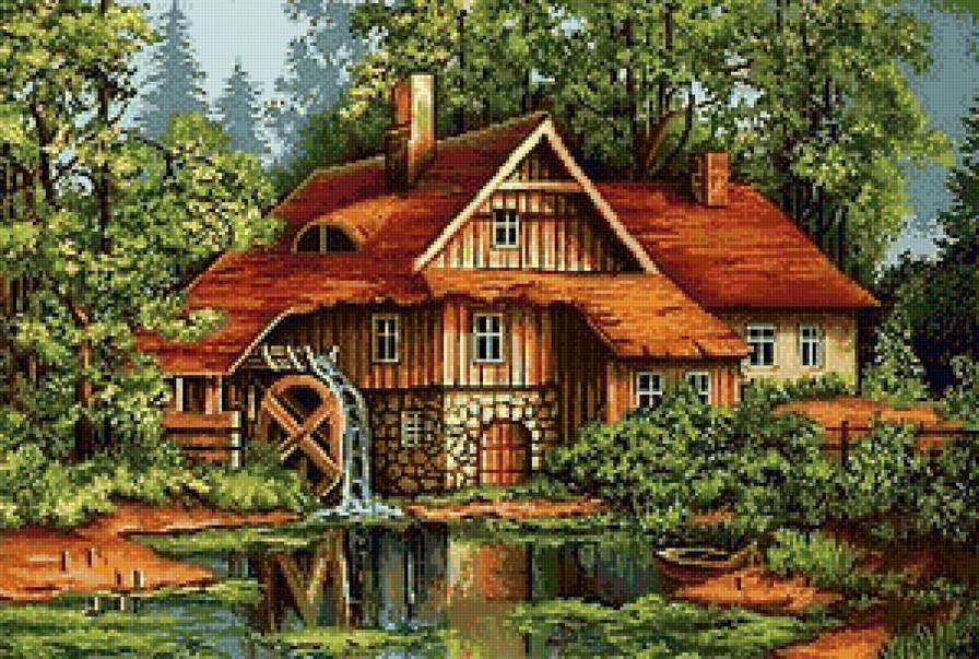 Водянная мельница в лесу - дом, природа, река - предпросмотр