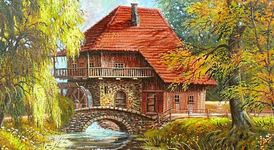 Водянная мельница у моста - природа, река, дом - оригинал