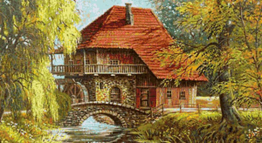 Водянная мельница у моста - дом, природа, река - предпросмотр