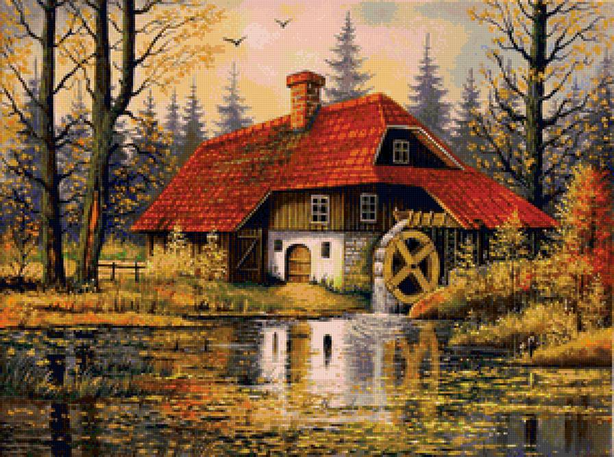 Водянная мельница в осеннем лесу - закат, река, природа, дом - предпросмотр
