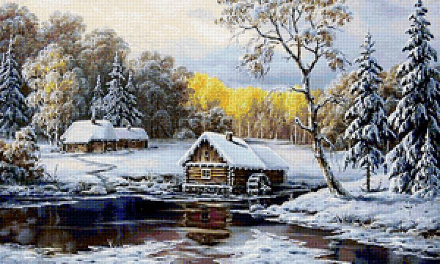 Водянная мельница в зимнем лесу - зима, река, дом, природа - предпросмотр