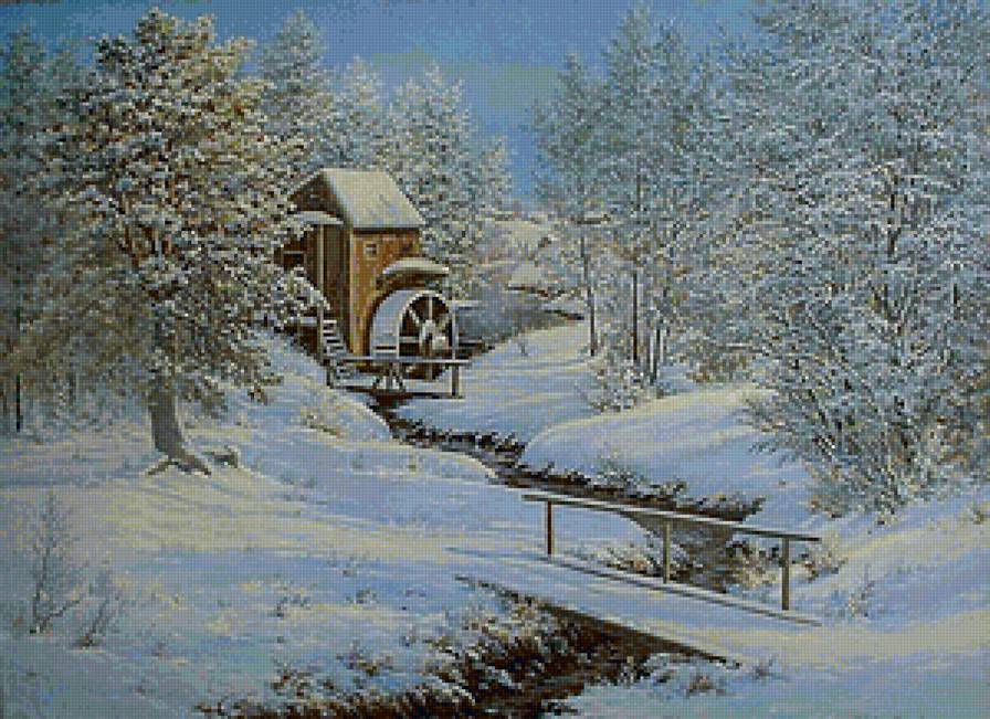 Водянная мельница в зимнем лесу - река, дом, природа, зима - предпросмотр
