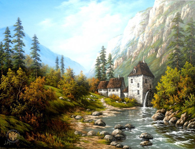 Водянная мельница у горной речки - природа, дом, осень, река - оригинал
