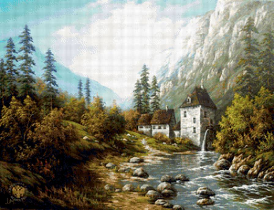 Водянная мельница у горной речки - осень, природа, река, дом - предпросмотр