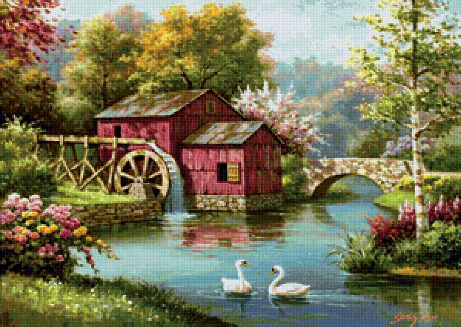 Водянная мельница у мостика - река, дом, природа - предпросмотр