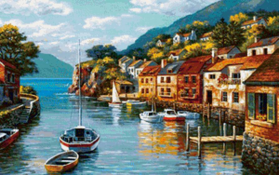 Морской пейзаж - море, лодки, дома - предпросмотр