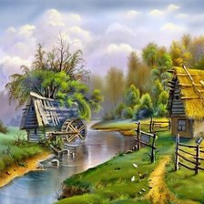 Дом и старая мельница у реки