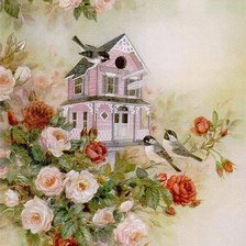 Птицы у домика в розах
