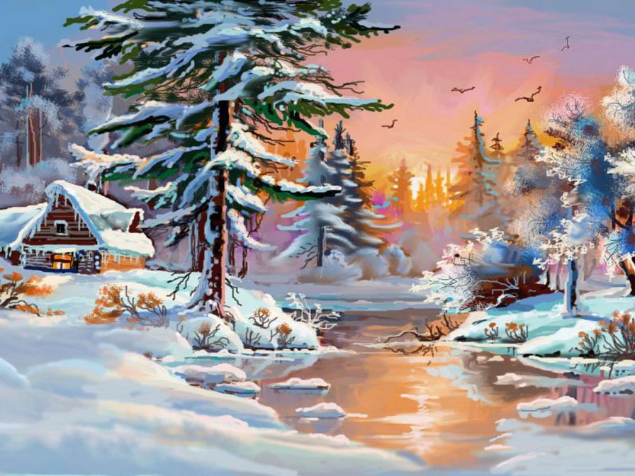 Серия "Зима пришла" - домик, лес, природа - оригинал