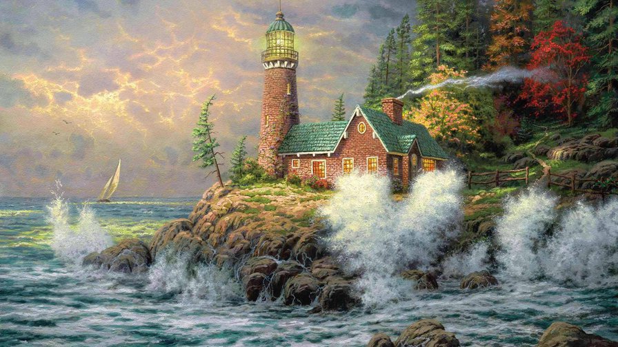 Маяк с домиком - маяк, закат, море - оригинал