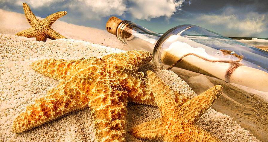 послание в бутылке - песок, морские звезды море, бутылка, пляж - оригинал