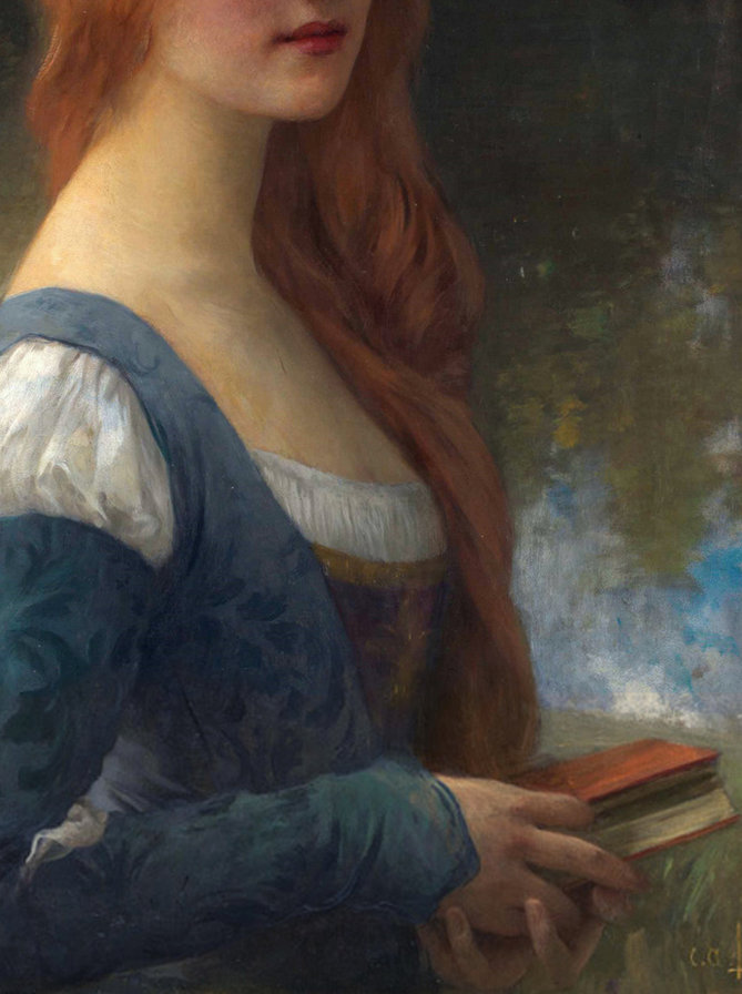 Девушка с книгами - средние века, средневековье, рыжая, девушка, книги - оригинал