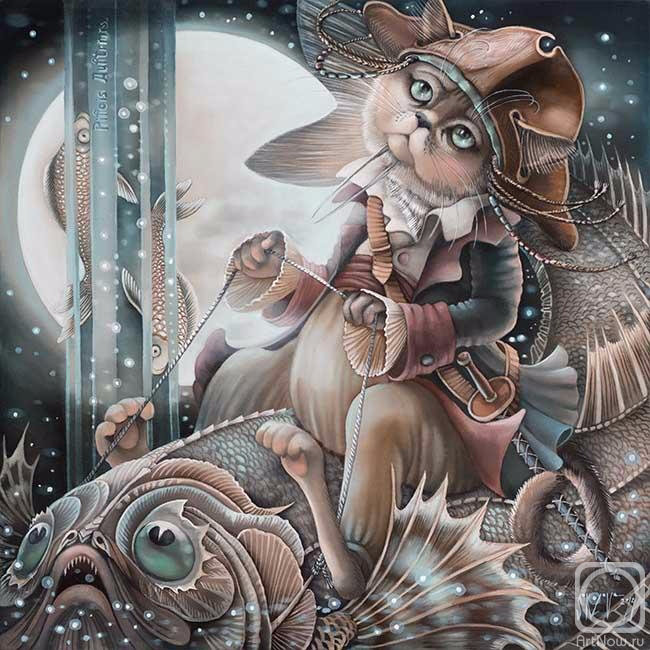 рыбы - знак зодиака, графика, кот, живопись, батик - оригинал