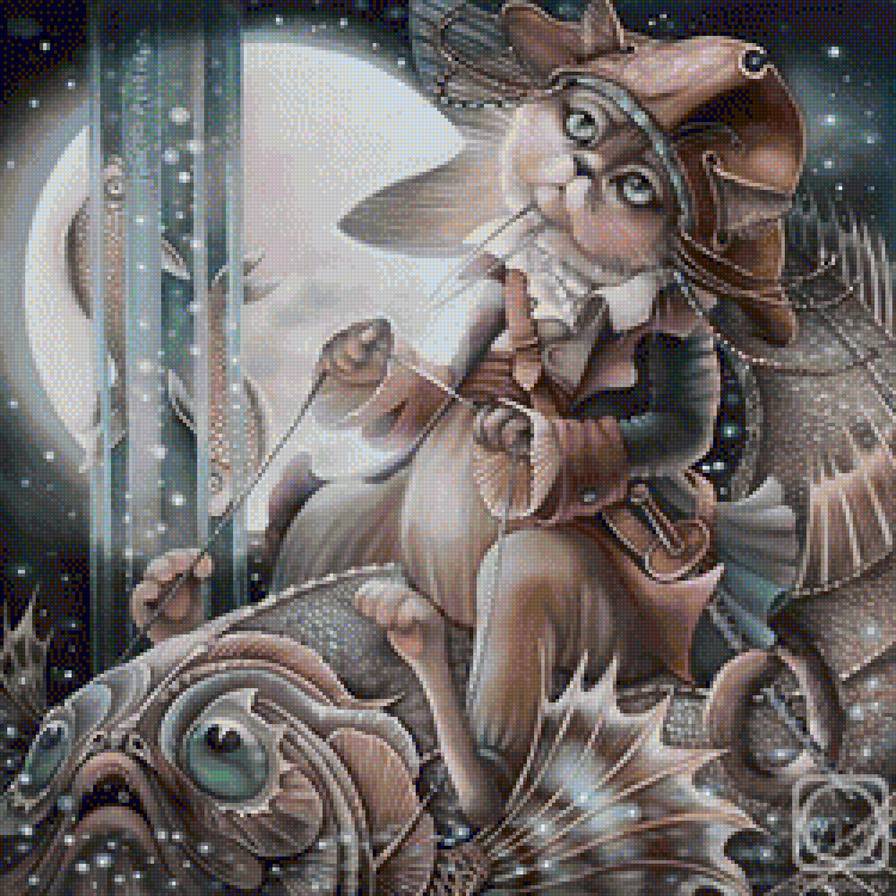 рыбы - графика, живопись, знак зодиака, кот, батик - предпросмотр