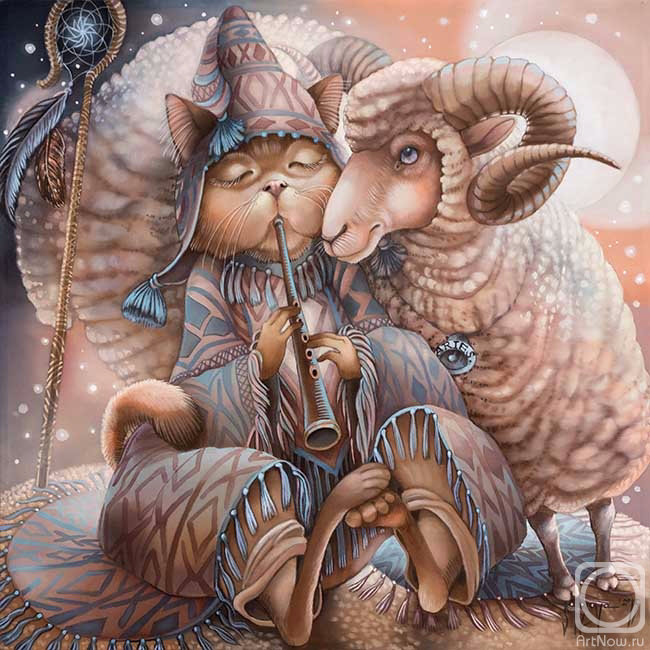 овен - кот, живопись, батик, знак зодиака, графика - оригинал