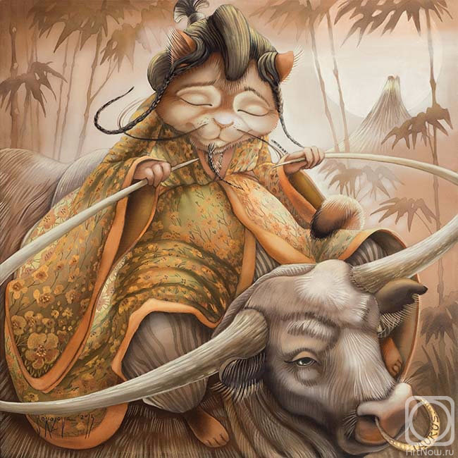 телец - живопись, кот, знак зодиака, батик, графика - оригинал