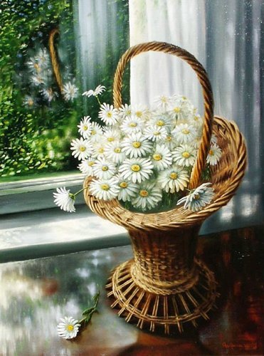 Корзина ромашек у окна - цветы - оригинал