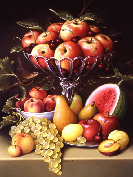 Натюрморт - фрукты, на кухню, груша, виноград, лимон, вишня, яблоко - оригинал