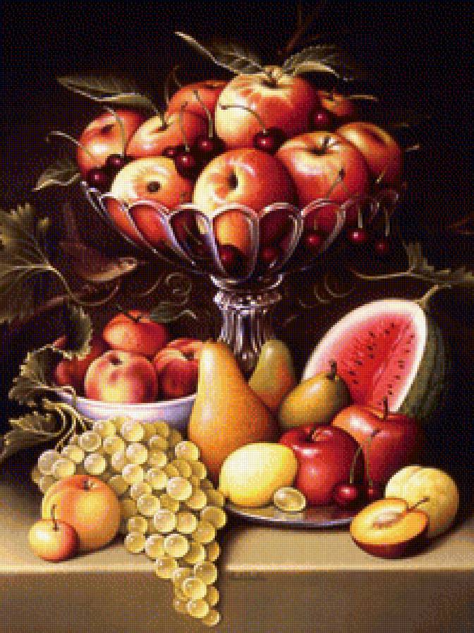 Натюрморт - яблоко, лимон, виноград, груша, на кухню, фрукты, вишня - предпросмотр