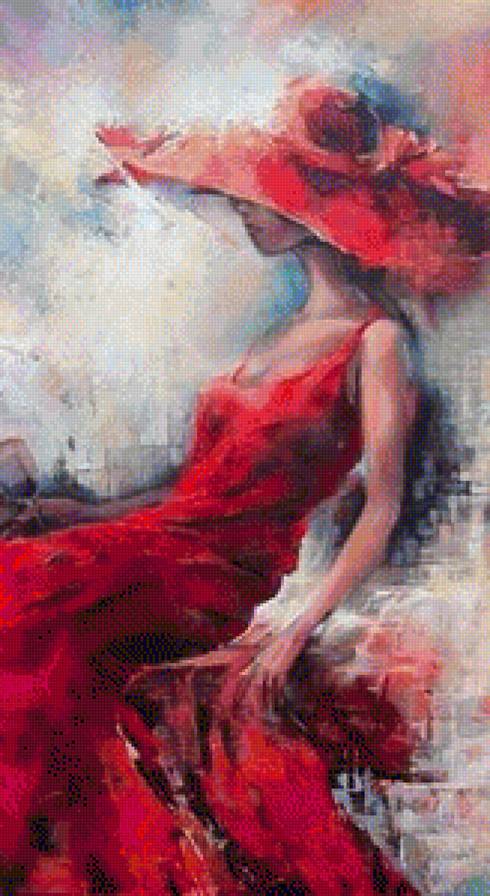 Lady in red - портрет, девушка, шляпка, живопись - предпросмотр