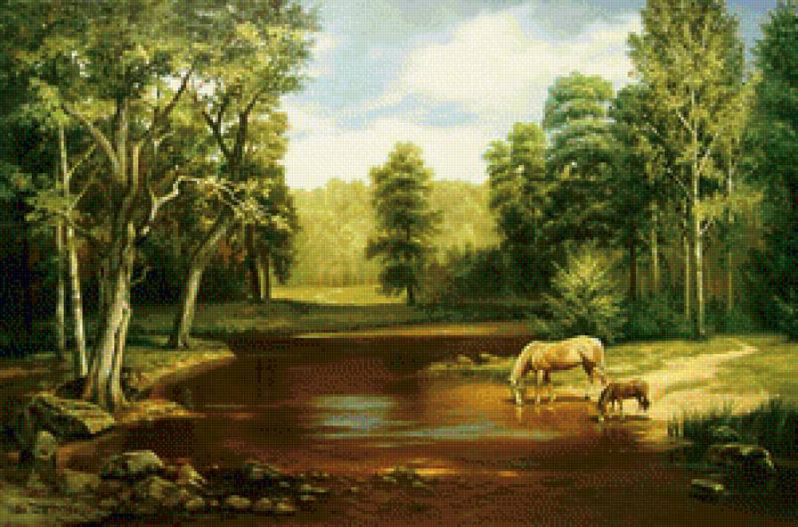 Водопой - река, животные, лошади, природа, пейзаж - предпросмотр