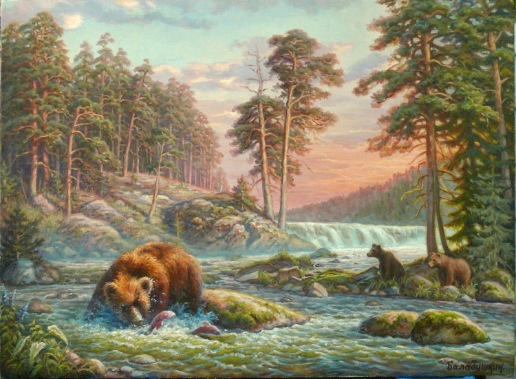 Утренняя охота - река, утро, медведи, лес - оригинал